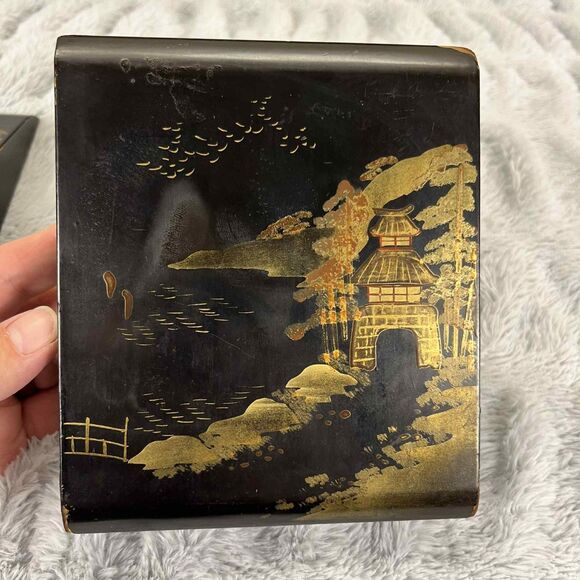 Vintage Bookends Japan Black Lacquer Pagoda Landscape Hand Painted Asian Decor - Picture 6 of 8